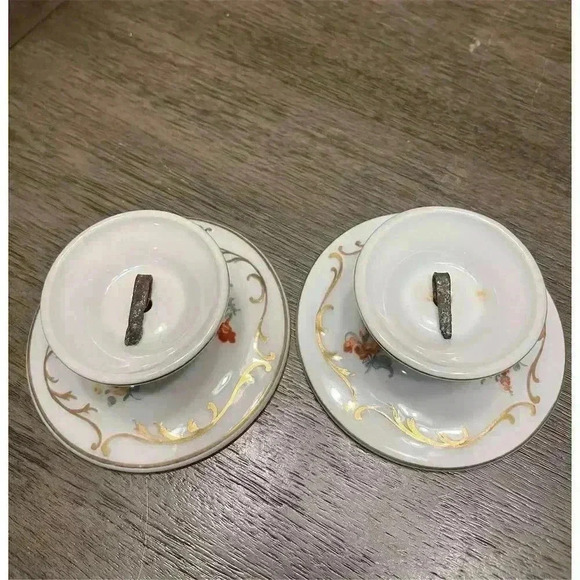 Union T Porcelain Candle Holders Floral Gold Detailing Pair Antique circa 1920 - Picture 3 of 6